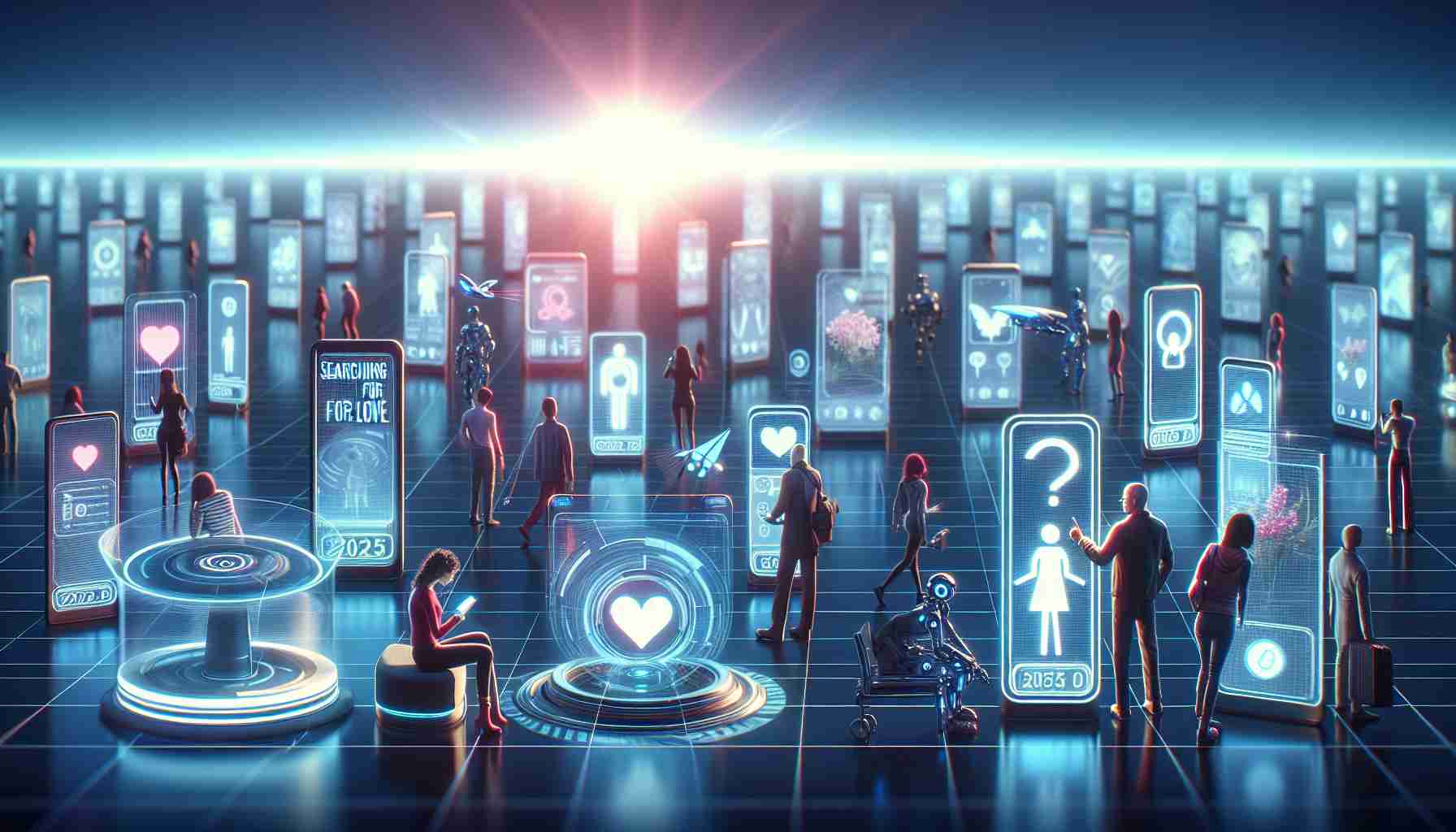 Create a high-definition, realistic image that represents the concept of 'Searching for Love in 2025'. The scene should depict a future setting, showing various forms of modern technology used in dating, such as futuristic touch screens, holographic interfaces, and advanced mobile devices. Include some people of different genders and descents who seem engaged in searching for love, using these technologies. Remember to maintain a hopeful and positive tone to reflect the meaning of 'You're Not Alone'.