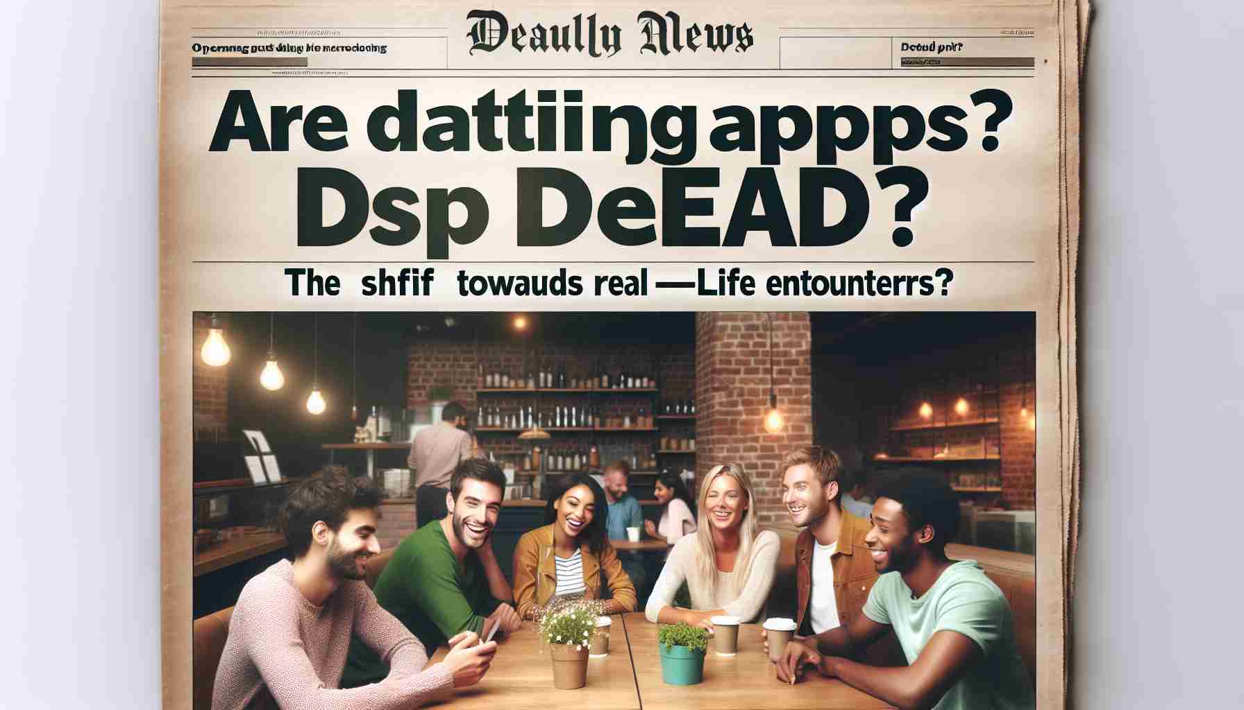 Generate a realistic HD full page newspaper article with a catchy headline 'Are Dating Apps Dead? The Shift Towards Real-Life Encounters', accompanied by an image of a diverse group of people of different ethnicities and gender, enjoying a group meet-up at a coffee shop. The mood in the picture should reflect happy and friendly environment.