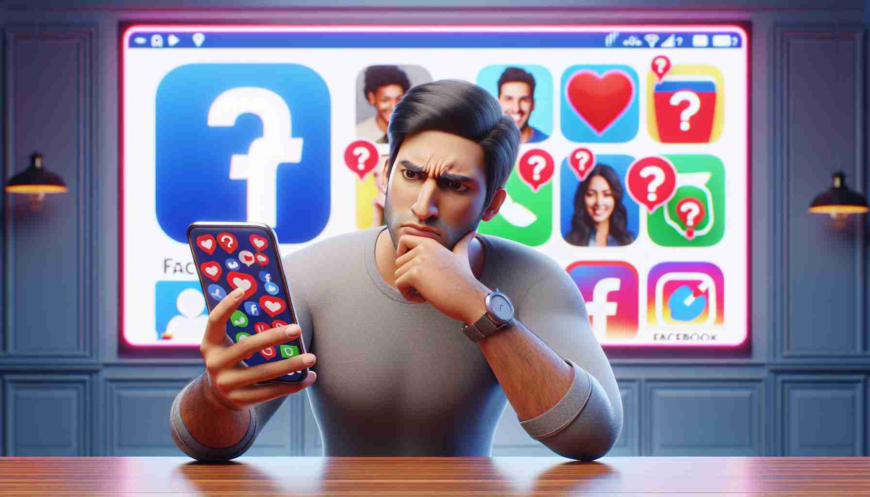 An HD, realistic image depicting a scene that communicates the idea of being frustrated by dating apps. In the scene, a person of South Asian descent and male gender can be seen holding a smartphone with various dating apps displayed on the screen. The person's expression should convey a sense of frustration. In the background, there's a screen or a billboard featuring the Facebook logo with a large question mark beside it, suggesting it as a potential solution to the individual's dating app frustration.