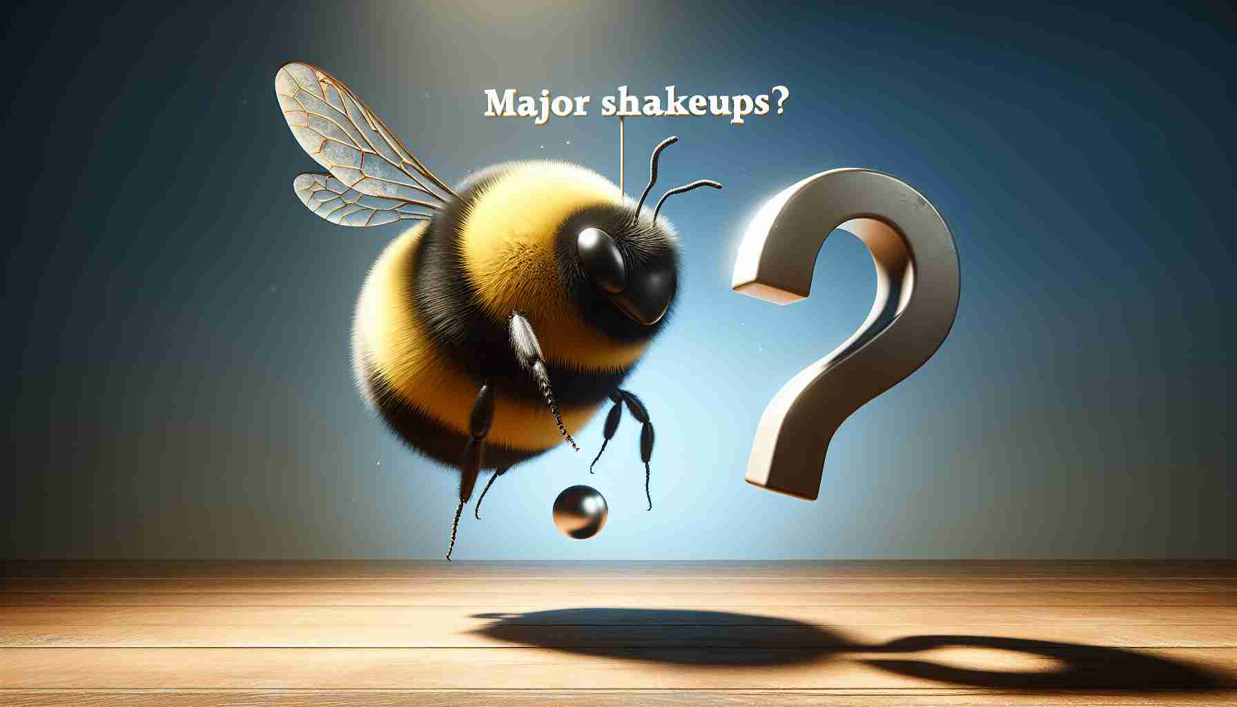 Realistic HD image of a physical metaphor representing major shakeups. An illustration of a bumble bee (symbolizing 'Bumble') appears unbalanced and unsettled due to an invisible force. In the background, a question mark hangs in the air to depict the uncertainty of 'What's going on?'