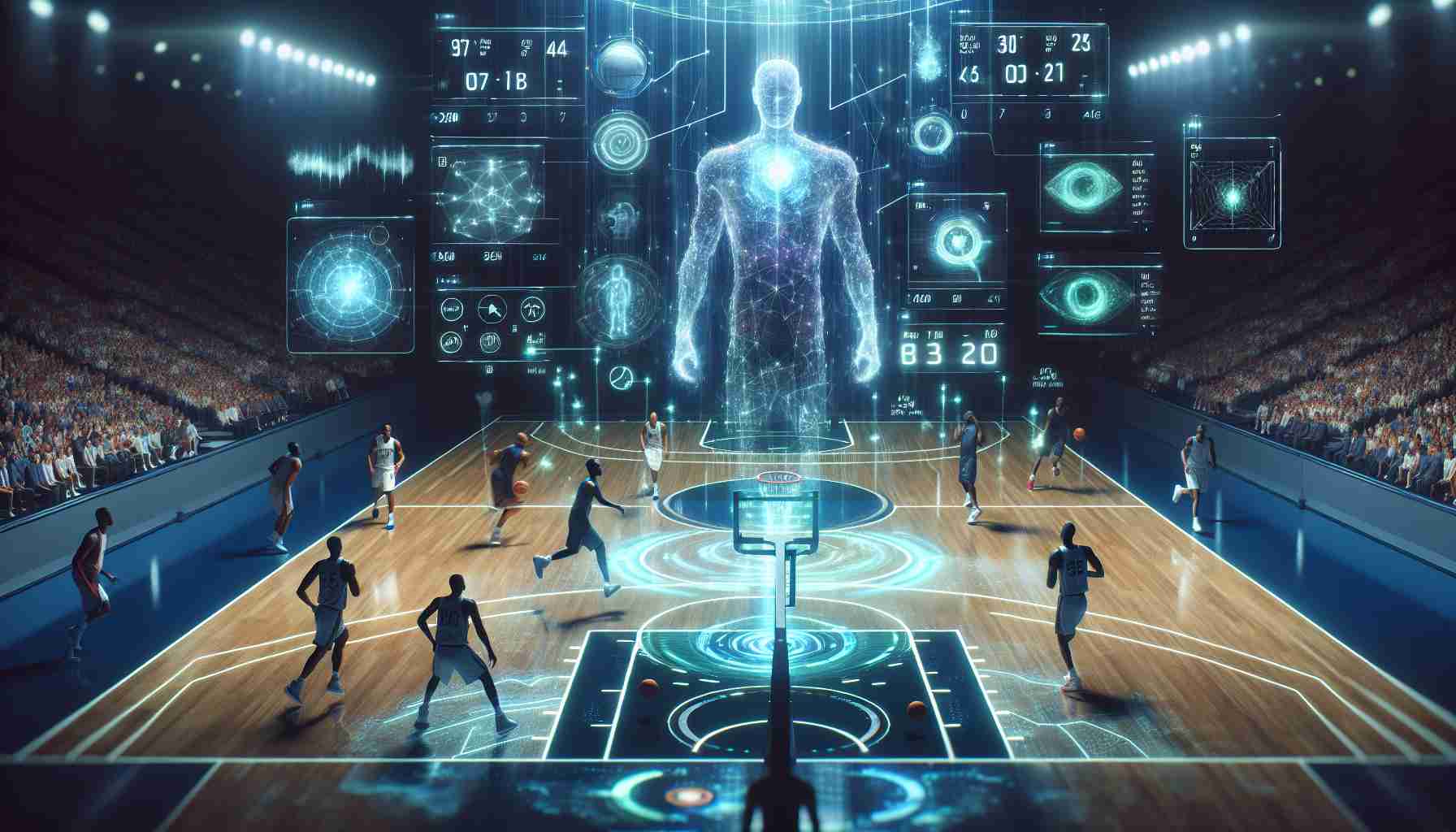 An HD image showcasing the future of basketball analytics through AI technology. Display a simulated basketball court with visual indicators denoting player strategies and performance metrics. Include glowing graphics, symbols and numbers appearing around both the basketball and players to indicate statistics and predictions. Let an abstract representation of AI, such as a looming hologram or misty presence, hover above the court, suggesting the integration of technology into the game. Note: no particular team or player should be recognizable and avoid using branded logos or identifiers.