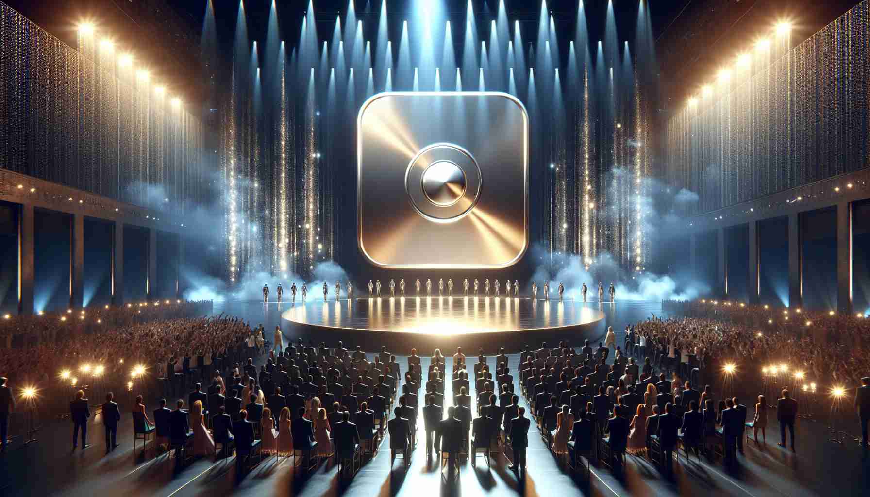 A high definition, realistic image depicting the event of unveiling the hottest icons in 2024. The scene includes a glamorous stage flooded with stunning lights and celebrities from various fields of music, sports, cinema, and arts. The main focus is on a mystifying icon which stands impressively at the heart of the stage, surrounded by an aura of curiosity and anticipation. Its metallic surface reflects the light in a mesmerizing way, stealing the show and making it the center of attention for all. The crowd is filled with equal representation of genders and descents exchanging expressions of awe and excitement.